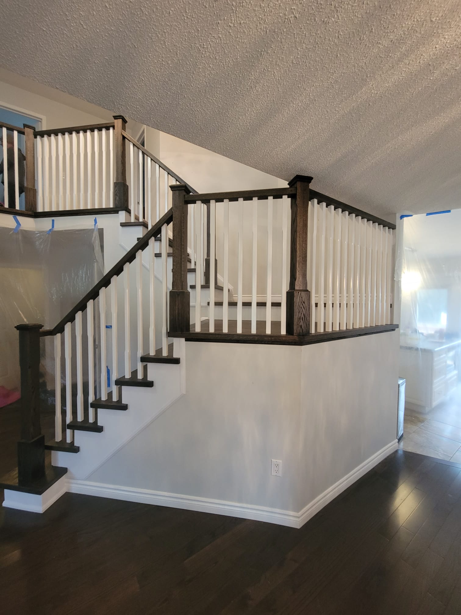 Staircase landing with built-in bench